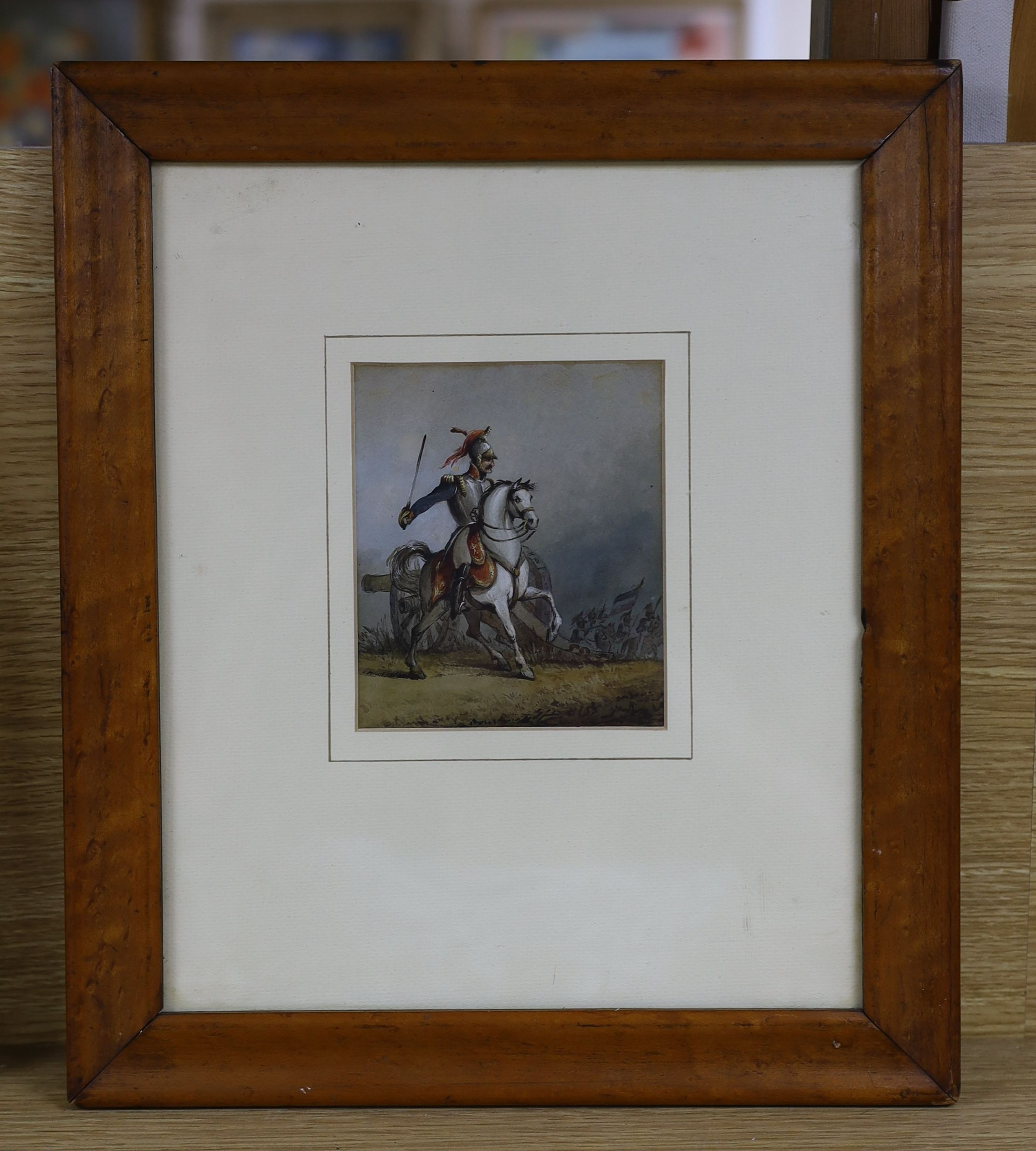 19th century French School, ink and watercolour, Cavalryman on the battlefield, 13 x 11cm